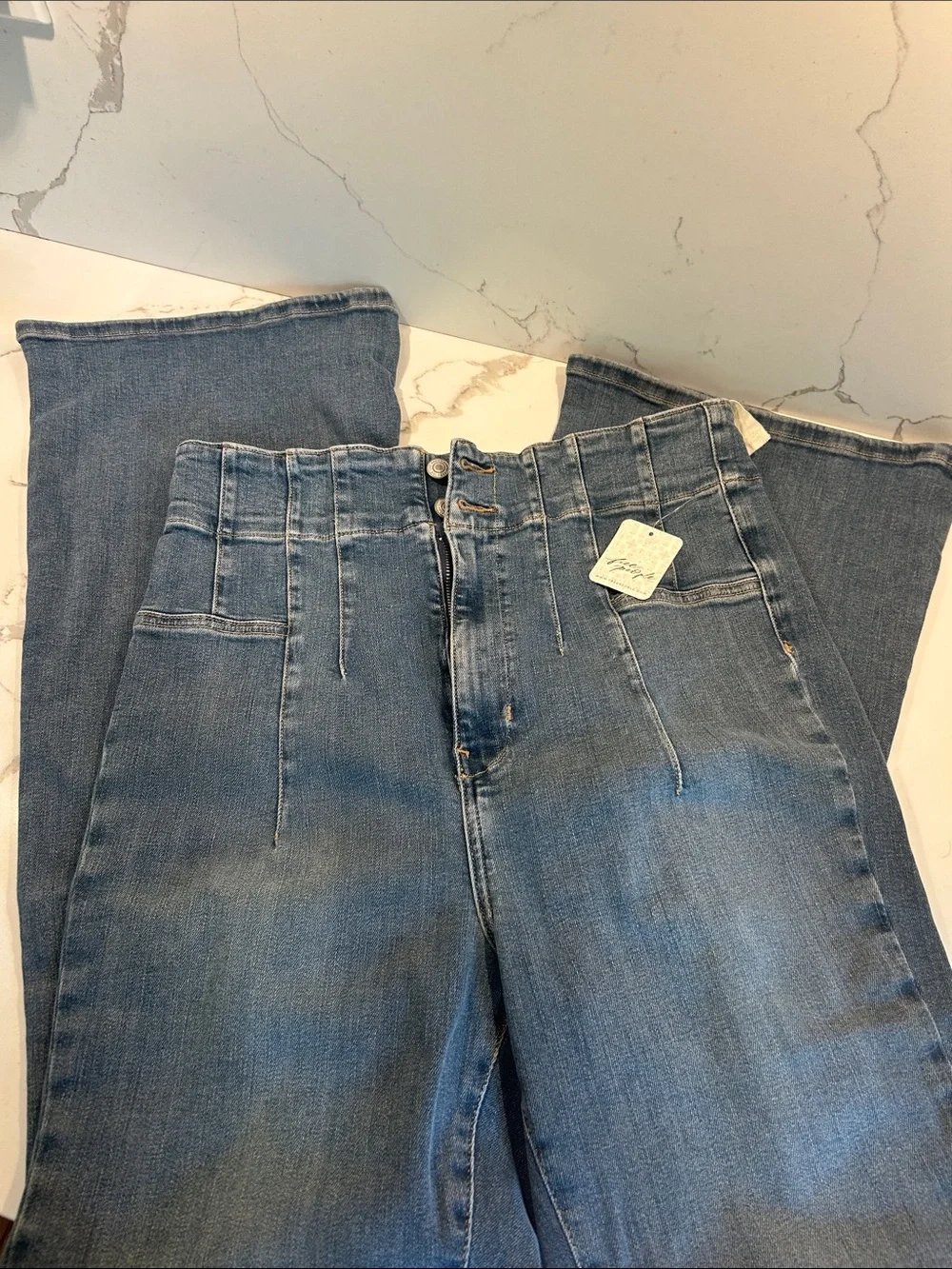 Free People Jayde High-Rise Medium Blue Pleated Front Jeans